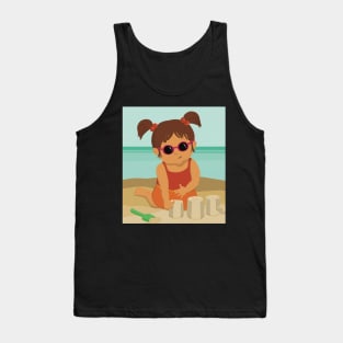 Cute little summer girl is on vacation building a sand castle on the beach Tank Top